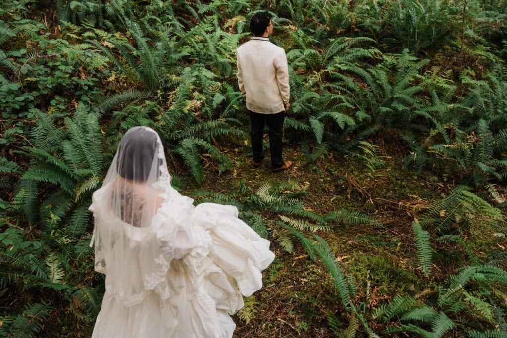 elopement couple first look surrounded by lush green ferns during their north cascades elopement