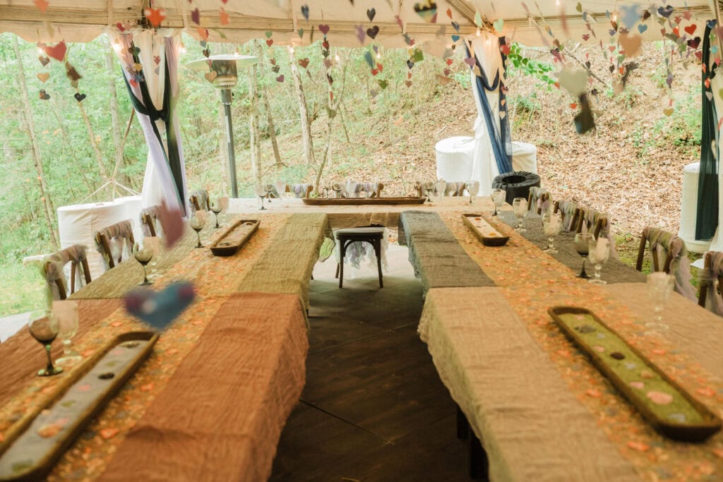 outdoor wedding reception set up in a vacation rental near blue ridge parkway