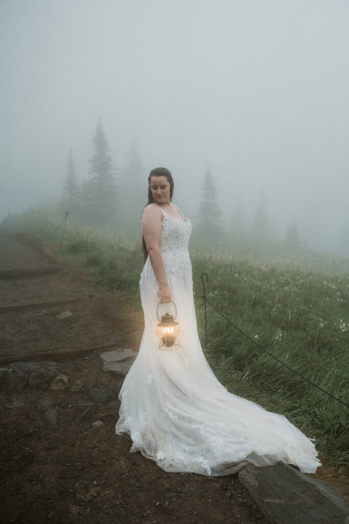 bride in a wildflower field during their mt rainier wildflower elopement
