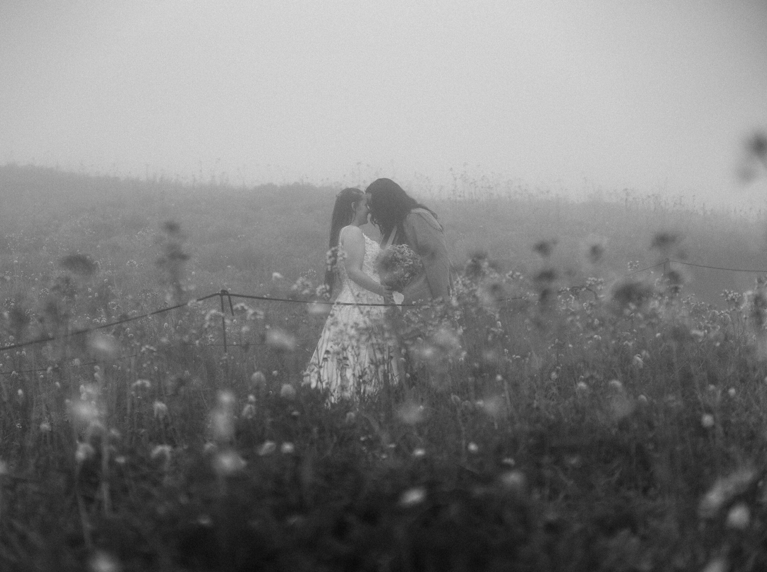 elopement couple hugging in a wildflower field during their mt rainier wildflower elopement